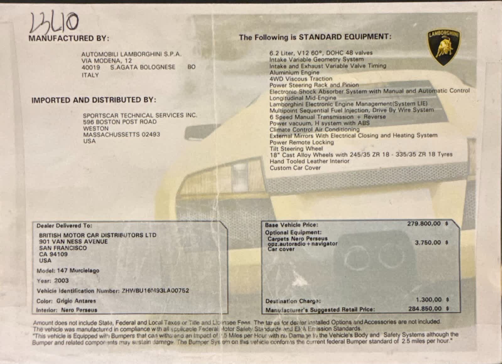 2003 Lamborghini Murcielago 6.2L 2dr Coupe